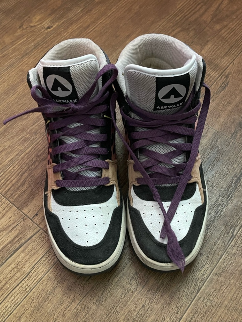 Airwalk High-Top Sneakers in White, Black & Purple with Tan Accents